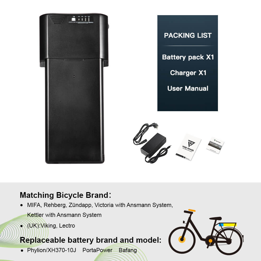 Batería de iones de litio para bicicleta eléctrica 36V 10.4Ah(385Wh)/14Ah(518Wh) negra para MIFA, Rehberg, Zündapp, Victoria con sistema Ansmann