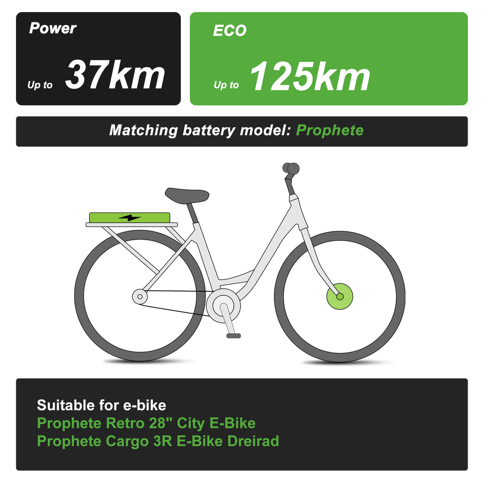 Batterie arrière de vélo électrique Li-ion 36V 10.4Ah(374Wh) pour Prophete Samsung SDI3610E et BLAUPUNKT sans chargeur