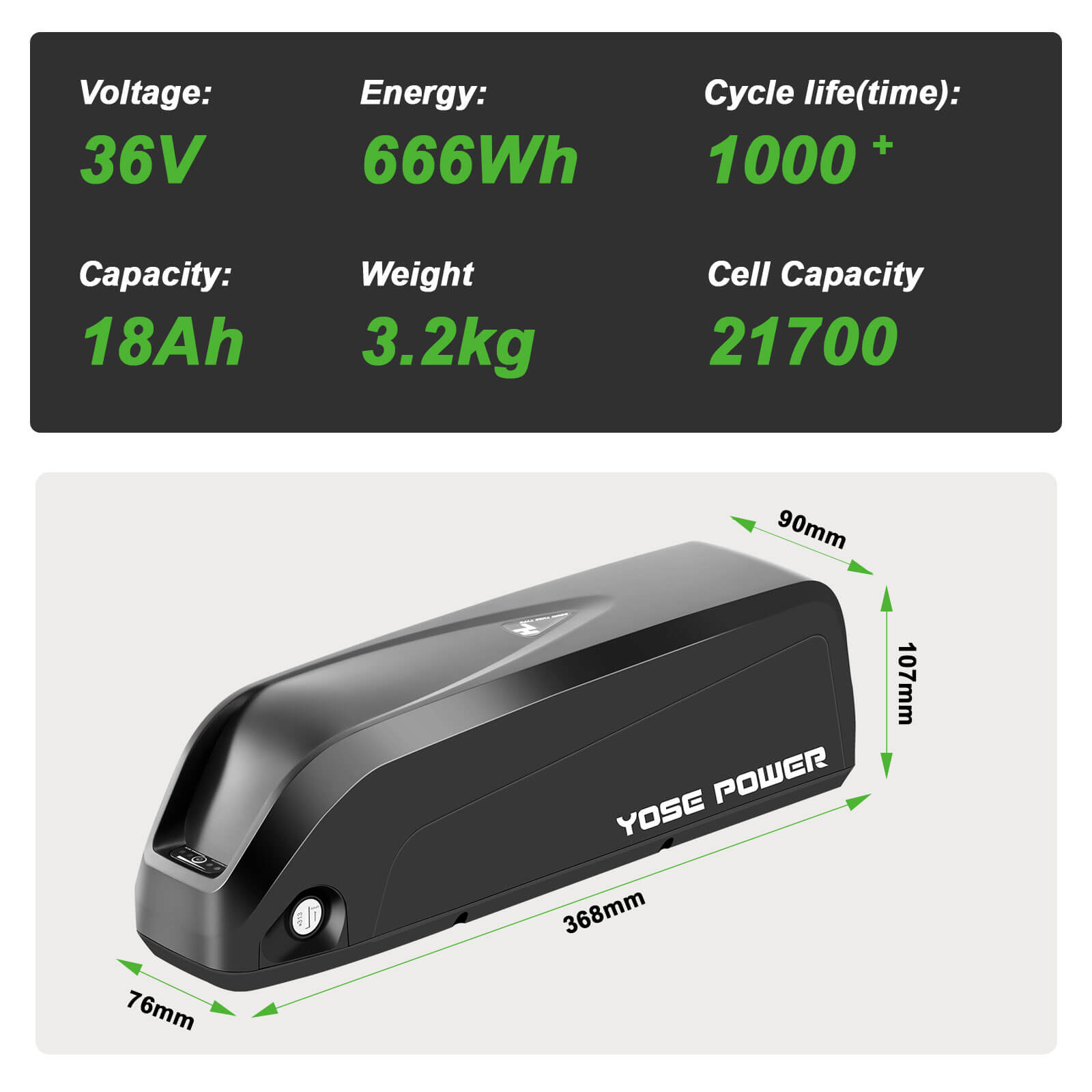 Batteria agli ioni di litio per bici elettrica 36V 18Ah(666Wh) Hailong-MIX con 5 spine rotonde placcate in oro sostitutive per batteria Hailong YOSE POWER 13Ah