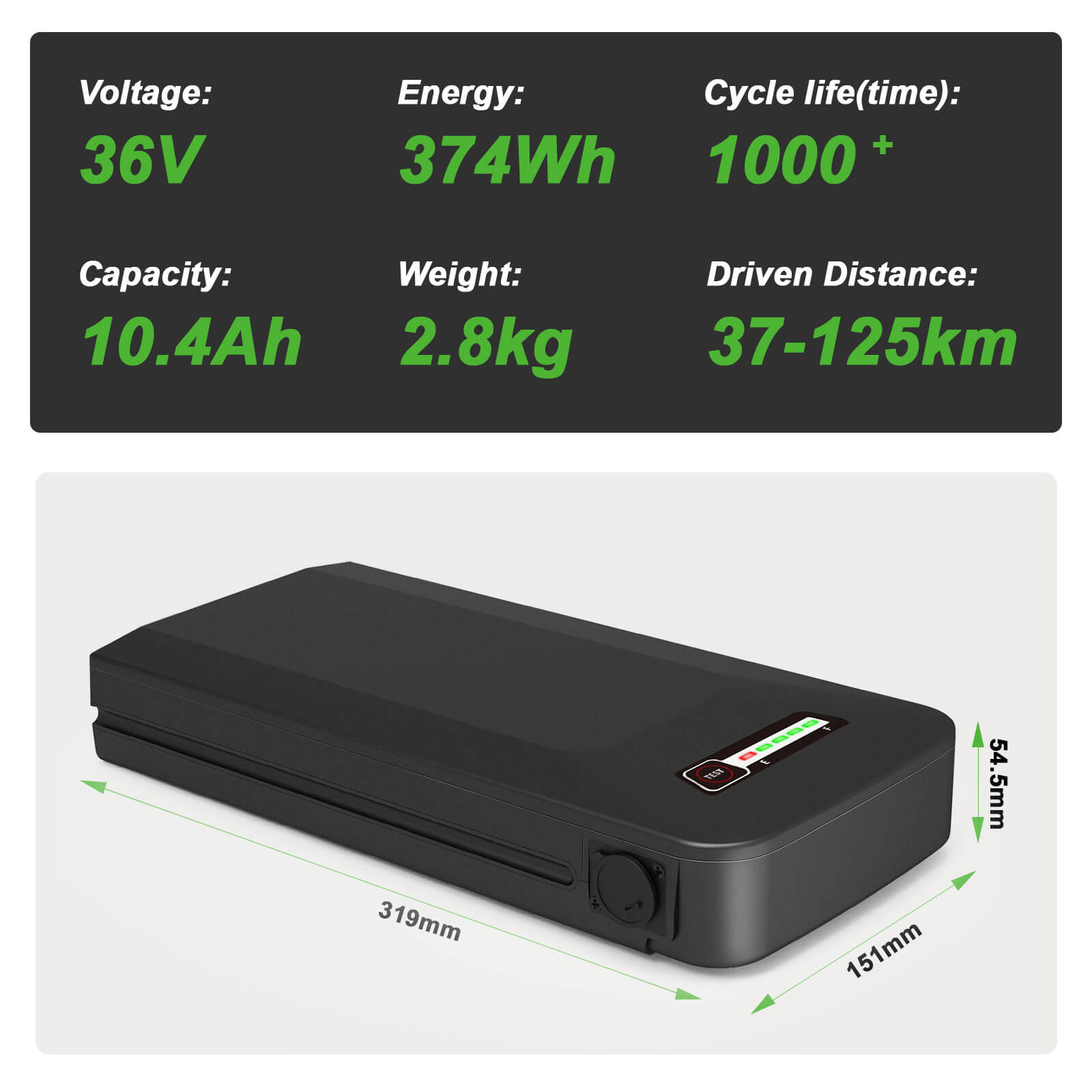 Batterie arrière de vélo électrique Li-ion 36V 10.4Ah(374Wh) pour Prophete Samsung SDI3610E et BLAUPUNKT sans chargeur