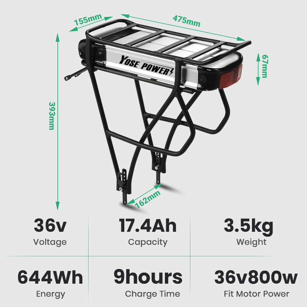 36V 13Ah/15,6Ah/17,4Ah E-Bike Batterie Li-ion Akku mit Gepäckträger Elektrofahrradakku für 26"-28" Fahrräder mit V-Bremse und Scheibenbremse für Prophete, Aldi, Alurex, ElFei