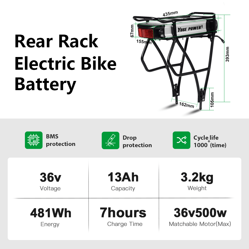 36V 13Ah/15,6Ah/17,4Ah E-Bike Batterie Li-ion Akku mit Gepäckträger Elektrofahrradakku für 26"-28" Fahrräder mit V-Bremse und Scheibenbremse für Prophete, Aldi, Alurex, ElFei
