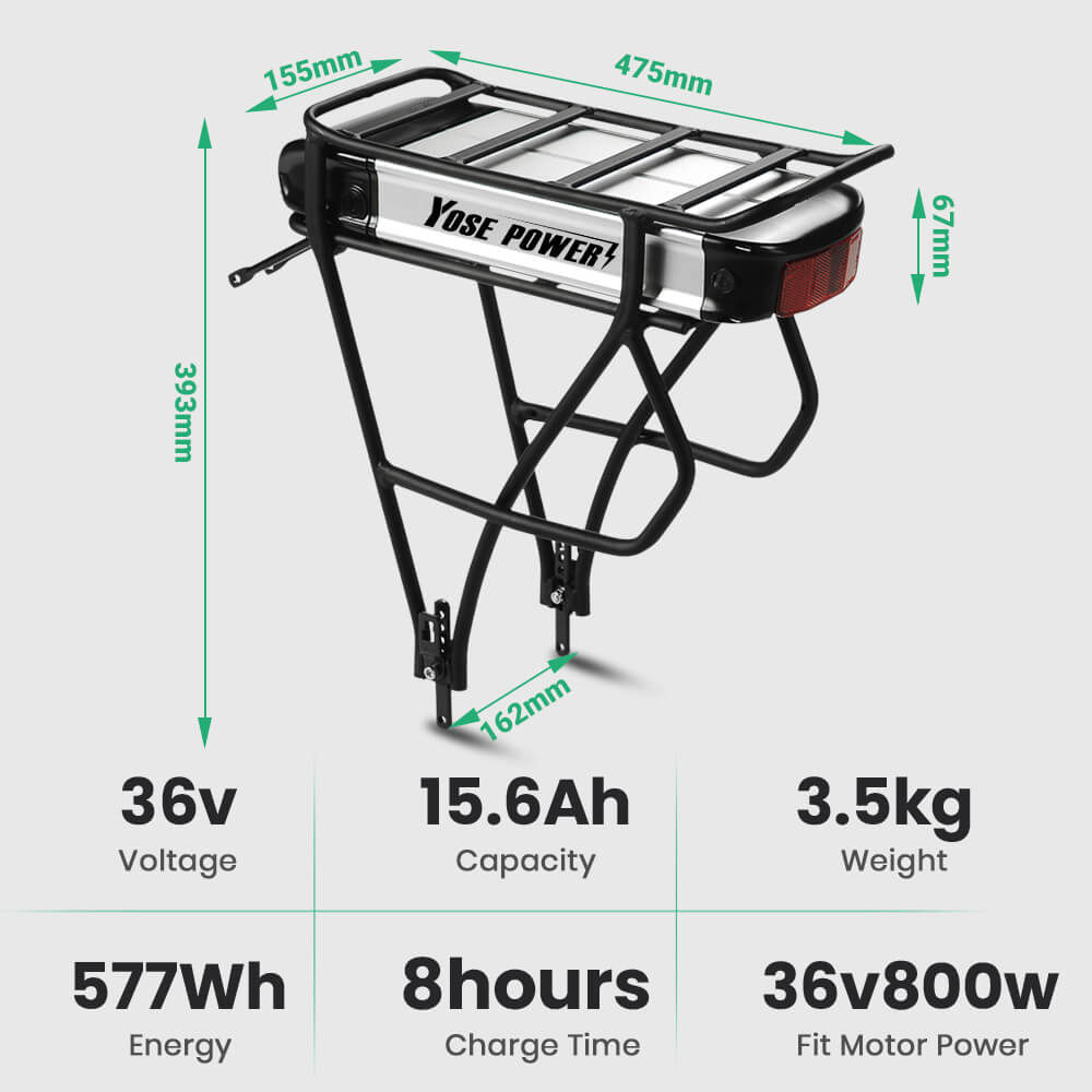 36V 13Ah/15,6Ah/17,4Ah E-Bike Batterie Li-ion Akku mit Gepäckträger Elektrofahrradakku für 26"-28" Fahrräder mit V-Bremse und Scheibenbremse für Prophete, Aldi, Alurex, ElFei