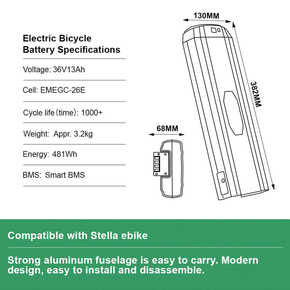 36V 13Ah(481Wh) Fahrradakku für Stella Elektrofahrrad Batterie Lithium Akku Schwarz ohne Halterung und Ladegerät