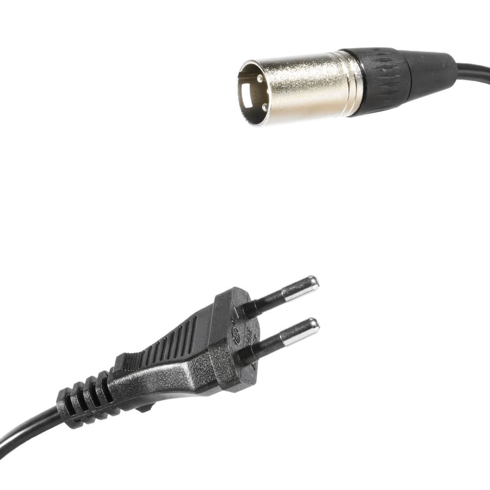close-up of a European plug and a round power connector