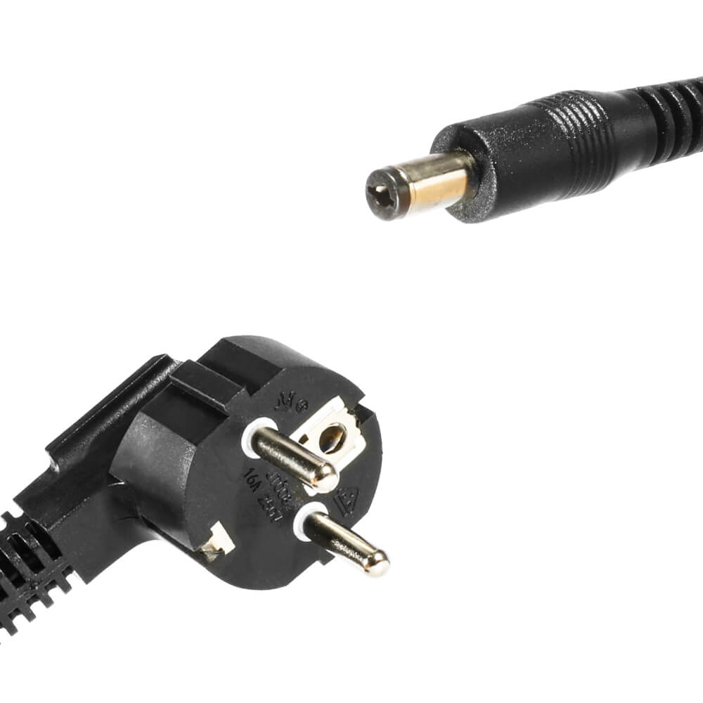 close-up of a European plug and a round power connector