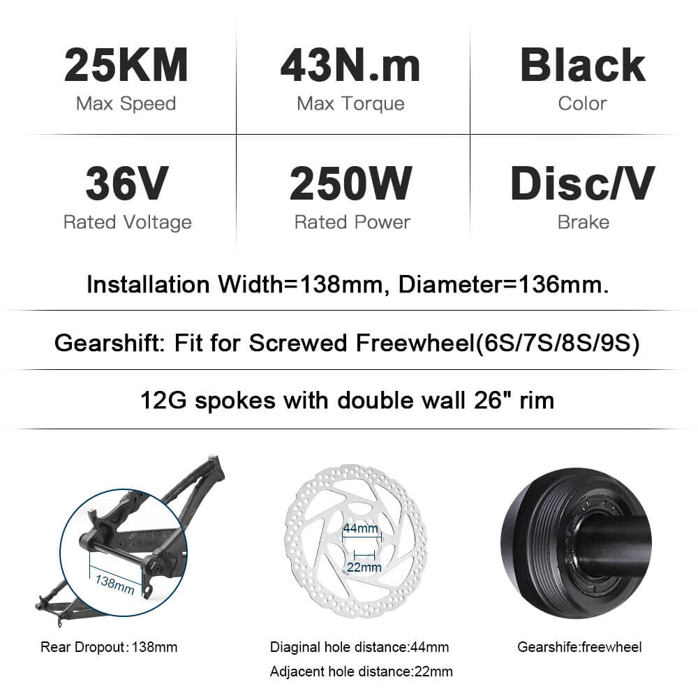 E-Bike Umbausatz 36V 250W 26" Hinterrad Schraubkranz Motor Kit Fahrrad Nabenmotor Elektrofahrrad Conversion Kit
