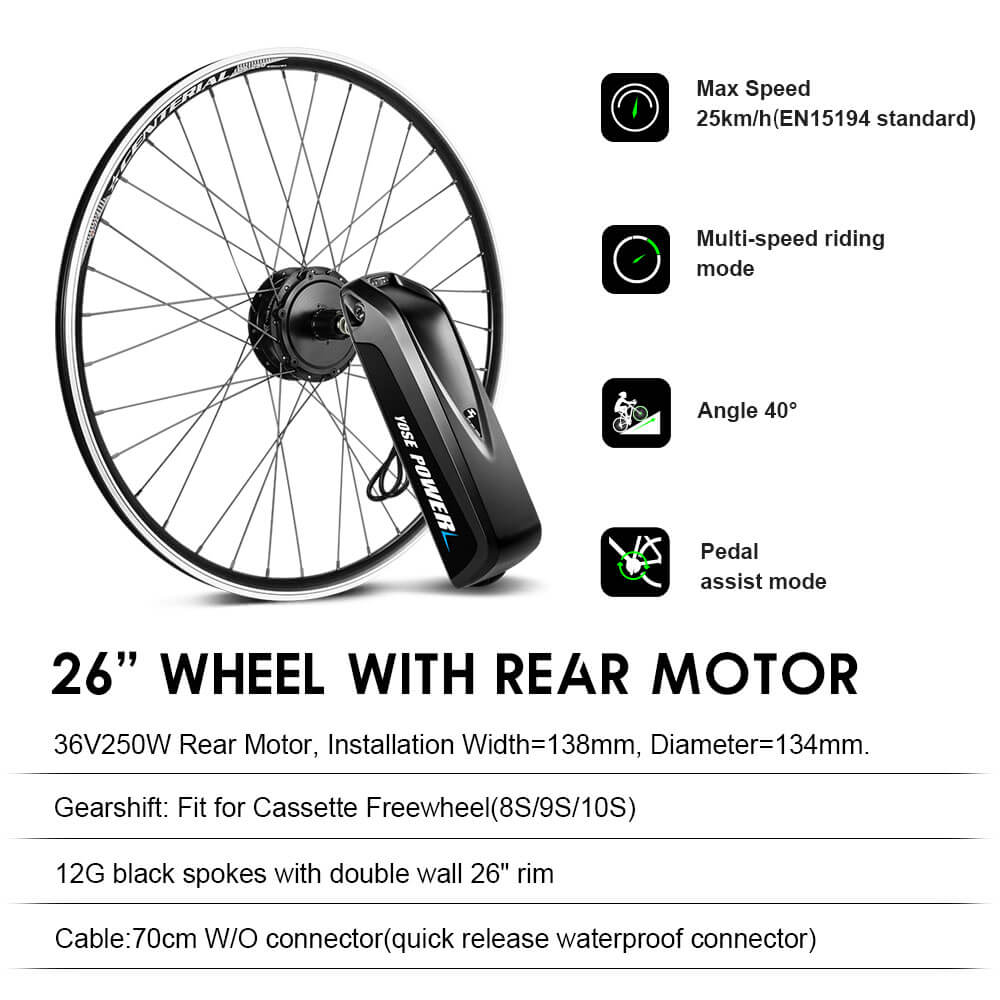 Kit di conversione bici elettrica 36V 250W Kit motore posteriore 26" per cassetta con batteria 36V 13Ah e caricabatteria