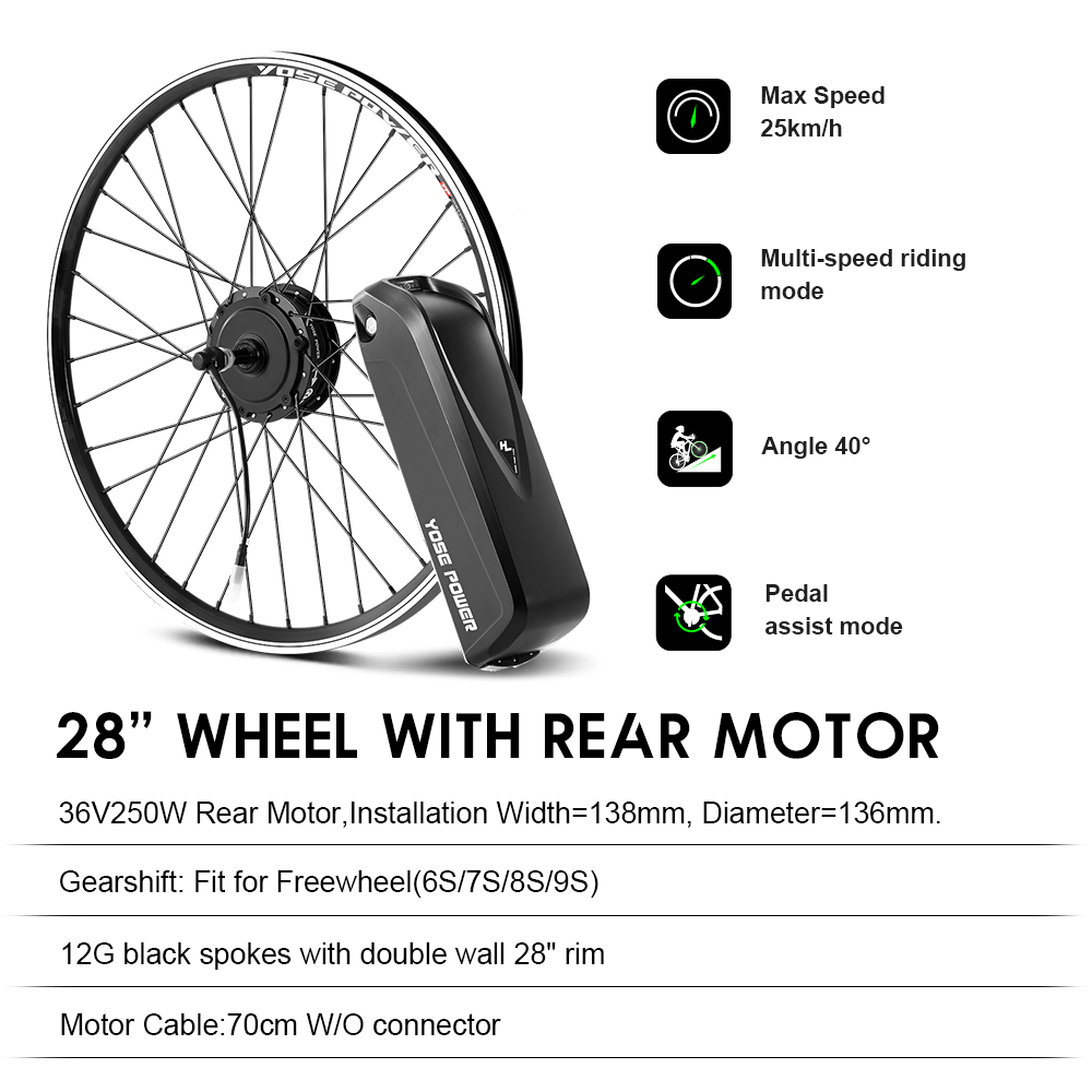 E-Bike Conversie Kit 36V 250W 28" Achter Motor Kit voor Vrijloop met 36V 18Ah Accu en Oplader