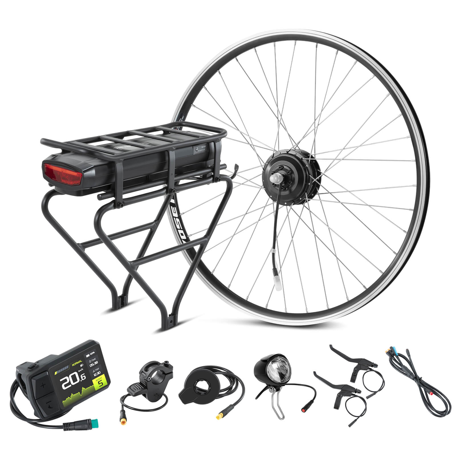 Kit di conversione bici elettrica 36V 250W 28"(700C) Kit motore anteriore R1-Pro con batteria posteriore 36V 13Ah e display a colori ROTORE INTERNO Più piccolo e silenzioso
