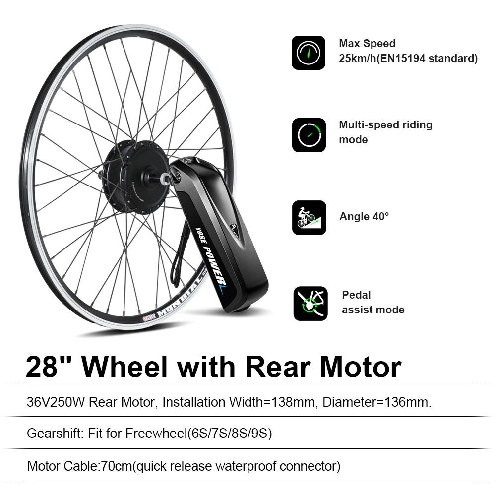 Letzter Vorrat! E-Bike Umbausatz 36V 250W 28"(700C) Heckmotor Kit für Schraubkranz mit 36V 13Ah Akku und Ladegerät Elektrofahrrad Conversion Kit
