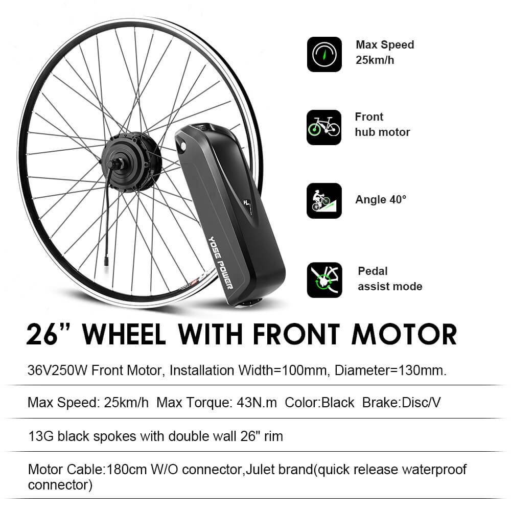 Kit de conversión de bicicleta eléctrica con motor delantero de 36V 250W de 26" y batería HL1 de 36V 18Ah para bricolaje