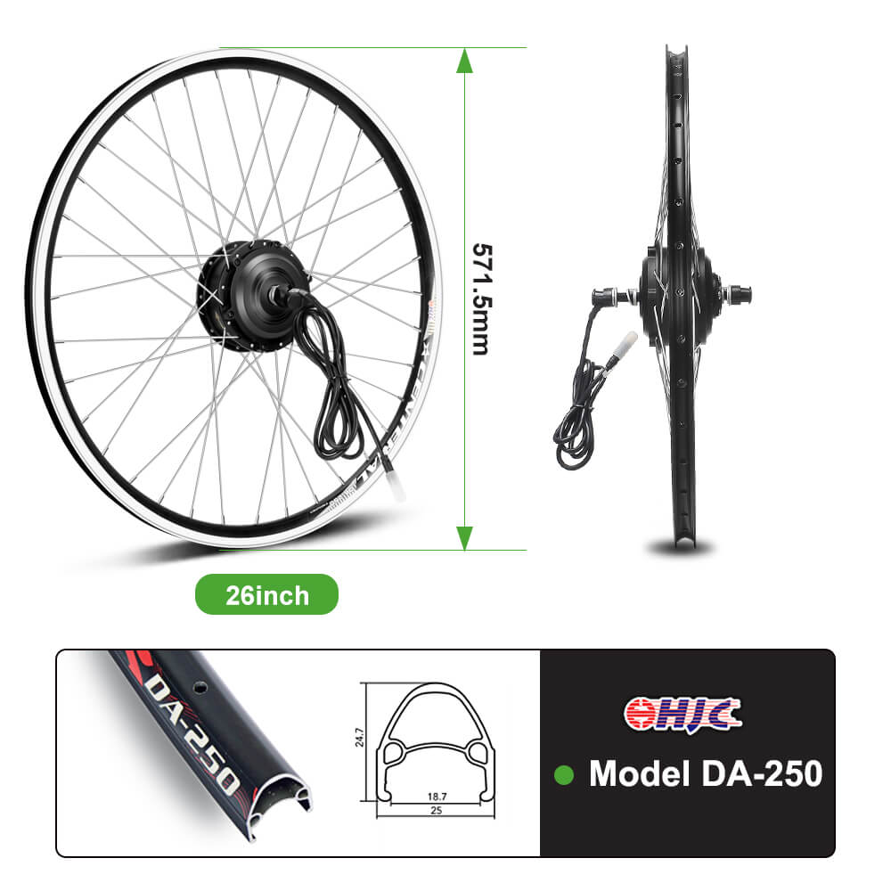 Kit de conversión de bicicleta eléctrica con motor delantero de 36V 250W de 26" y batería HL1 de 36V 18Ah para bricolaje