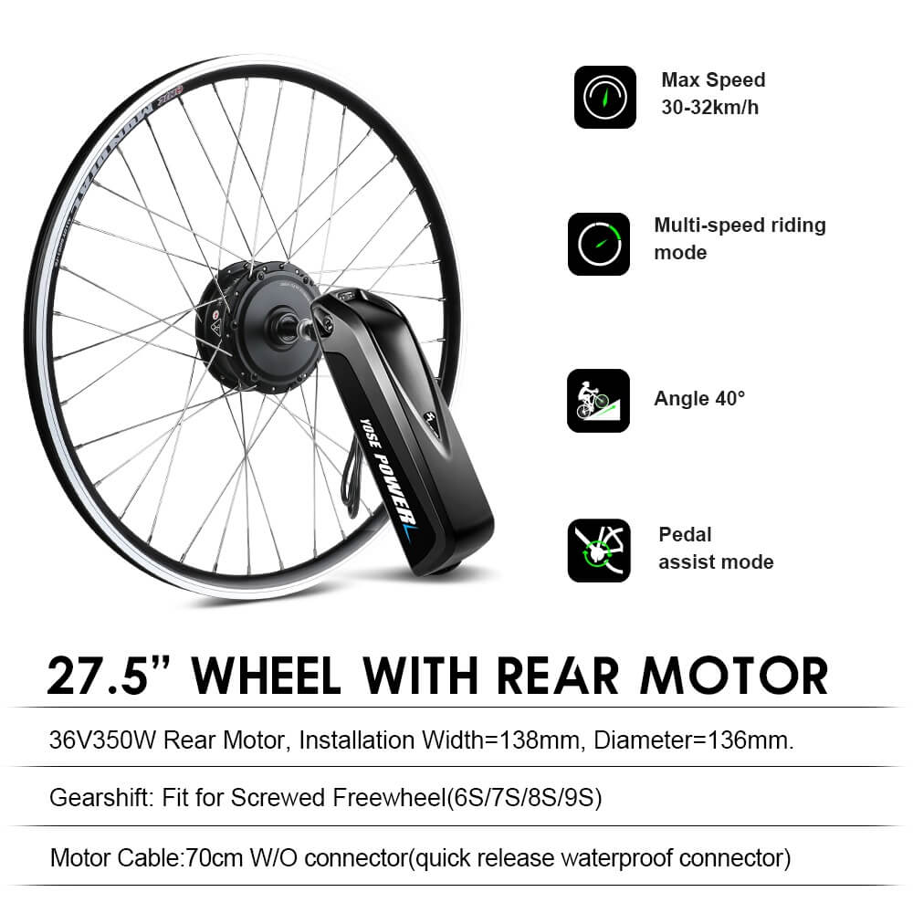 Kit de conversion pour vélo électrique 36V 350W 27,5" Kit moteur arrière pour roue libre avec batterie 36V 13Ah et chargeur