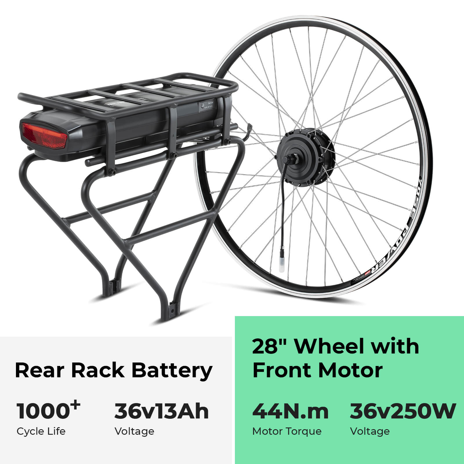 Kit de conversión de bicicleta eléctrica 36 V 250 W 28" (700 C) Kit de motor delantero R1 con batería trasera de 36 V 13 Ah y pantalla a color Apto para bicicletas con freno V-Brake y freno de disco