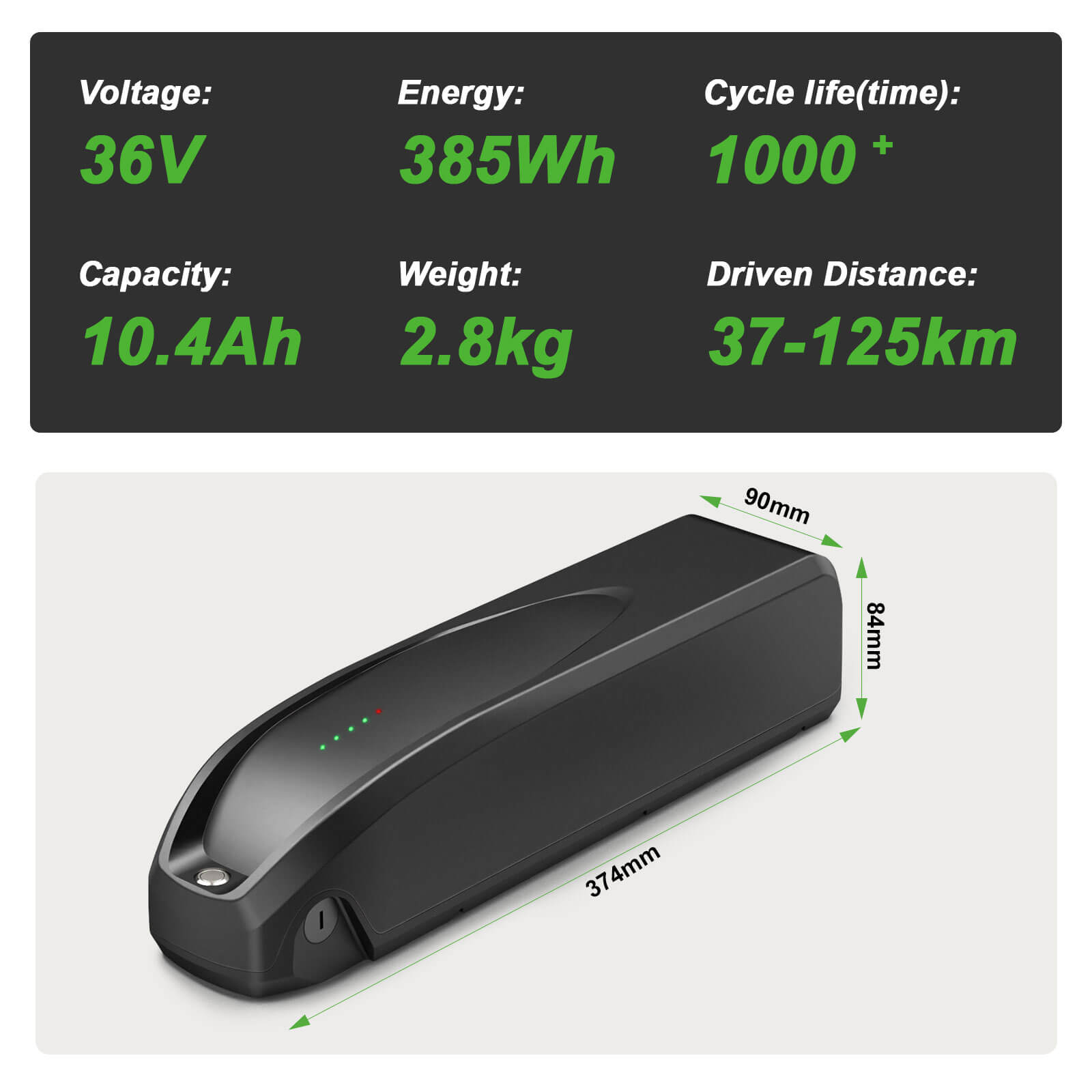 36V 10.4Ah Li-ion E-Bike Battery ZZ98 for BLAUPUNKT ZZ981004 and Prophete Nr. 326 with USB Port