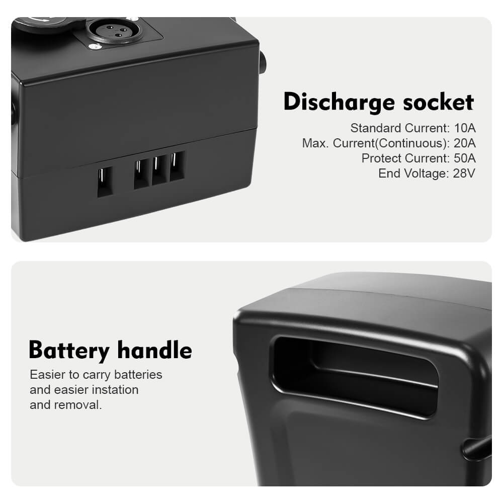 Battery discharge port and battery handle 