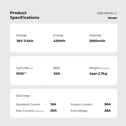 36V 11.6Ah(429Wh) E-Bike Li-ion Battery Inframe Accu without Charger for LLobe City 3, CitySport 2, FML 810 and FML 830