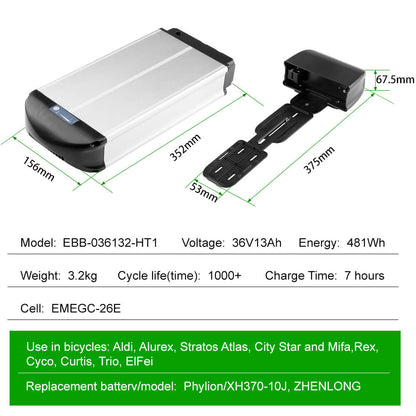 Batteria posteriore E-Bike Li-ion Accu 36V 13Ah/16Ah senza portapacchi posteriore con/senza caricabatterie adatta per Prophete, Aldi, Alurex, ElFei