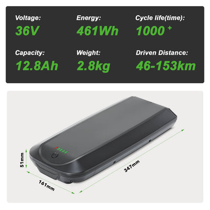36V 12.8Ah(461Wh)/14Ah(504Wh) Li-ion E-Bike Battery YJ145 for E-Bikes of Telefunken, Zündapp, Chrisson etc. without Charger
