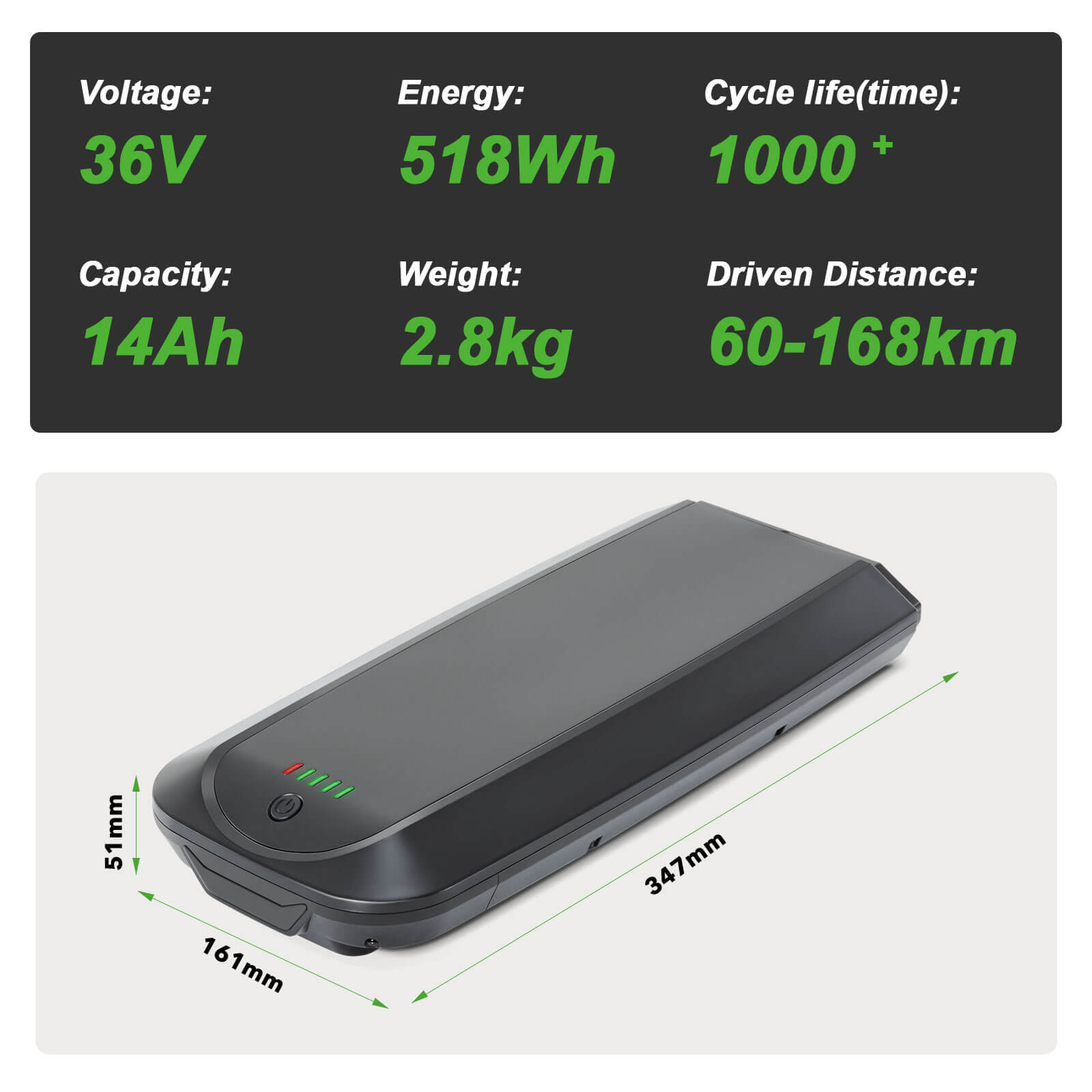 Batería de iones de litio para bicicletas eléctricas de 36V y 14Ah LG Cells YJ145 para bicicletas eléctricas de Telefunken, Zündapp, Chrisson, etc. sin cargador