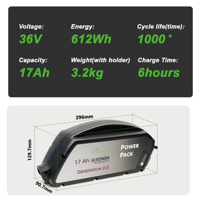 36V 17Ah E-Bike Vision Accu Downtube Battery without Charger only replacement for BOSCH Classic Line
