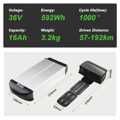 Batería de iones de litio para bicicleta eléctrica 36V13Ah/14.5Ah/15,6Ah/16Ah/17,4Ah con/sin soporte trasero negro para bicicletas de 26"-28" con freno en V y freno de disco para Prophete, Aldi, Alurex, ElFei