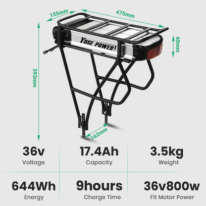 Batería de iones de litio para bicicleta eléctrica 36V13Ah/14.5Ah/15,6Ah/16Ah/17,4Ah con/sin soporte trasero negro para bicicletas de 26"-28" con freno en V y freno de disco para Prophete, Aldi, Alurex, ElFei