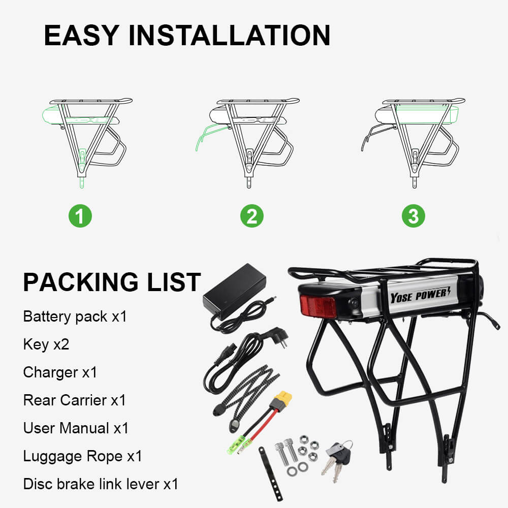 36V13Ah 14 5Ah 15 6Ah 16Ah 17 4Ah E Bike Li ion Akku mit ohne schwarzem Gepacktrager passend fur 26 28 Fahrrader mit V Bremse und Scheibenbremse fur