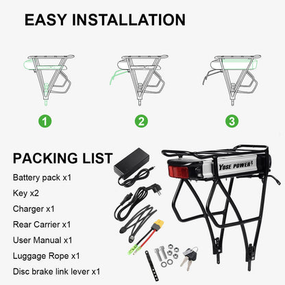 36V 13Ah/14.5Ah/15.6Ah/16Ah/17.4Ah E-Bike Lithium-ion Battery with/without Black Rear Carrier Fit for 26"-28" Bike with V-Brake and Disc Brake for Prophete, Aldi, Alurex, ElFei