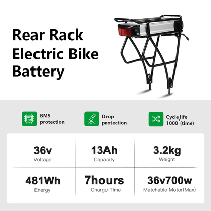 36V 13Ah/14.5Ah/15.6Ah/16Ah/17.4Ah E-Bike Lithium-ion Battery with/without Black Rear Carrier Fit for 26"-28" Bike with V-Brake and Disc Brake for Prophete, Aldi, Alurex, ElFei