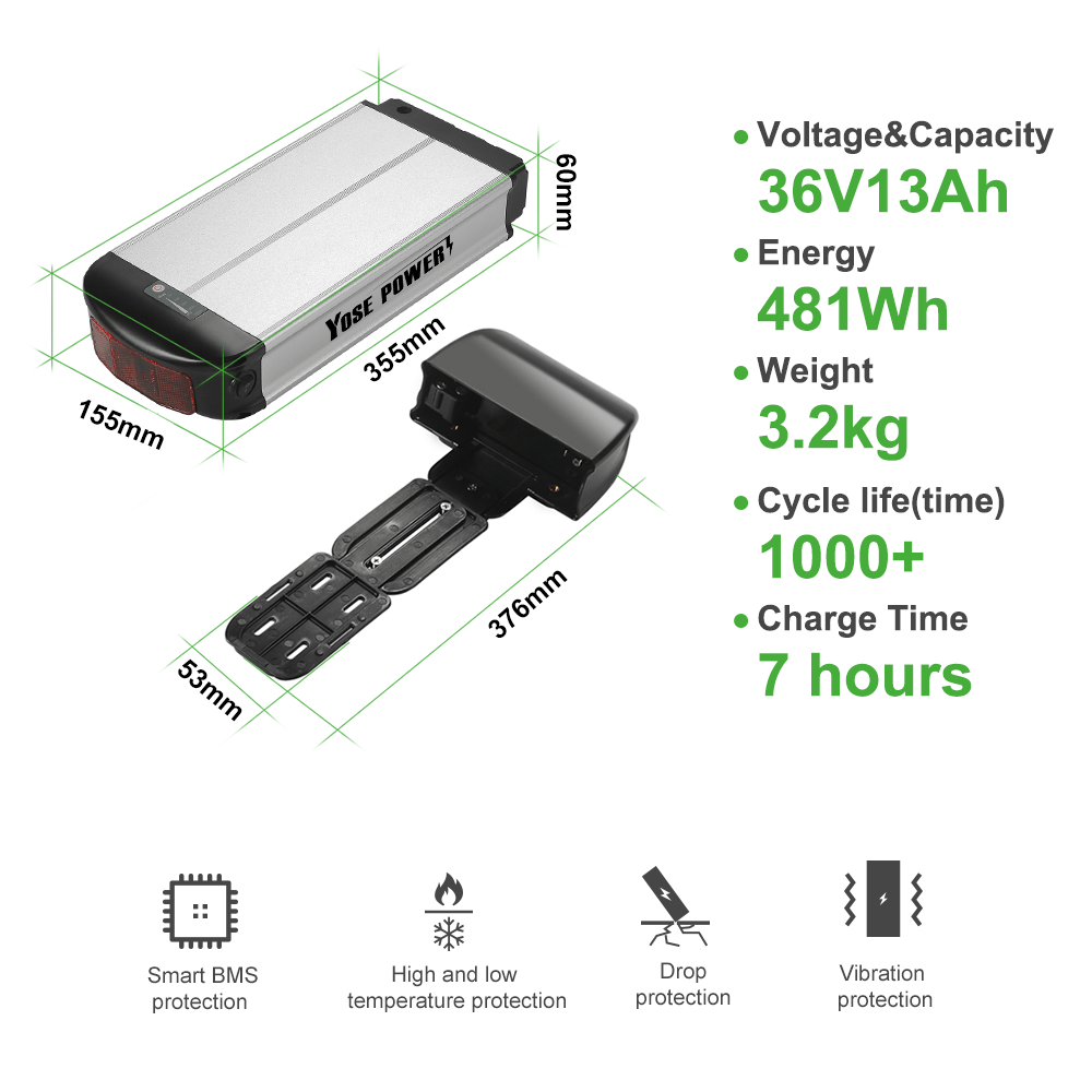 36V13Ah/14,5Ah/15,6Ah/16Ah/17,4Ah E-Bike Li-ion Akku mit/ohne schwarzem Gepäckträger passend für 26"-28" Fahrräder mit V-Bremse und Scheibenbremse für Prophete, Aldi, Alurex, ElFei