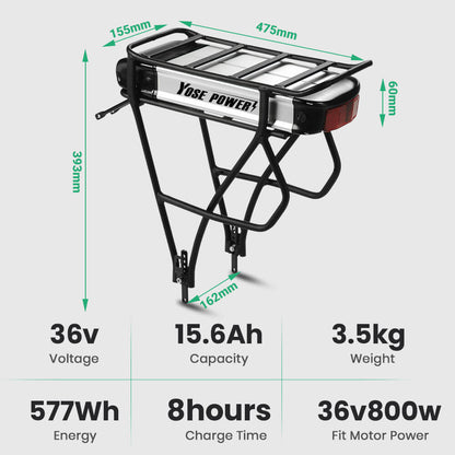 36V 13Ah/14.5Ah/15.6Ah/16Ah/17.4Ah E-Bike Lithium-ion Battery with/without Black Rear Carrier Fit for 26"-28" Bike with V-Brake and Disc Brake for Prophete, Aldi, Alurex, ElFei