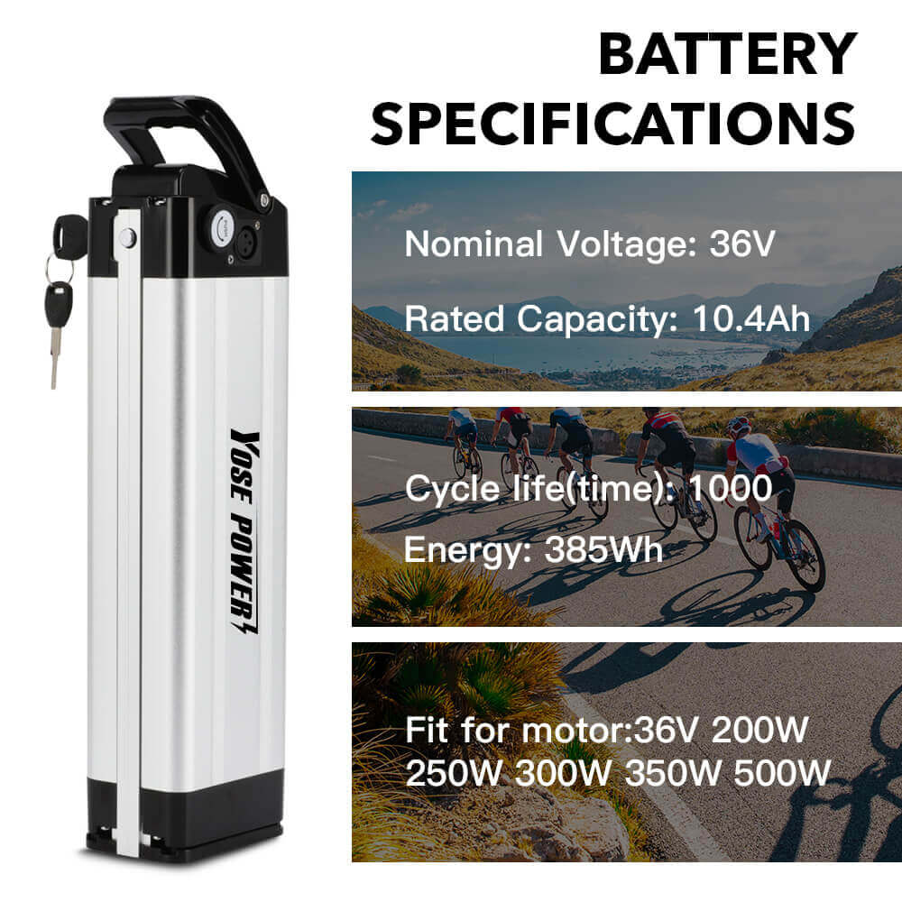 Second-Hand! 36V 10.4Ah E-Bike Seat Tube Battery without Charger SilverFish for MiFa, Rex, Prophete, Aldi, Avocet, Viking, Byocycles, Phylion/XH370-10J, Zhenlong/ZL1010-F