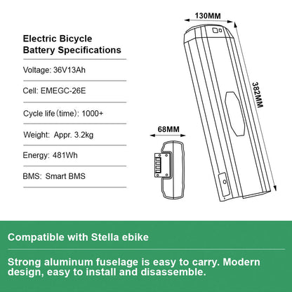 36V 13Ah Rear Battery for Stella Bike Electric Bicycle Lithium-ion Battery Black without Charger and Holder