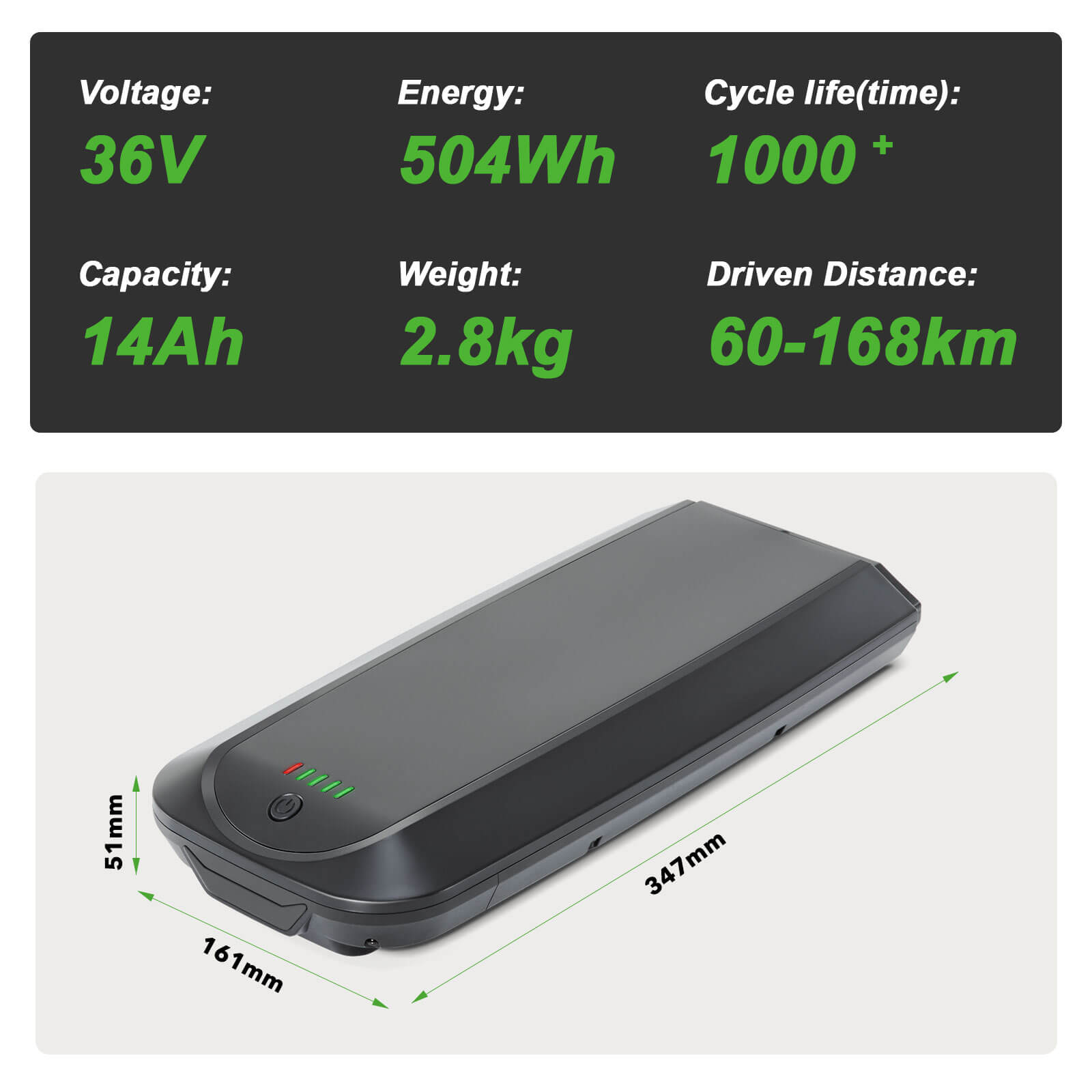 36V 14Ah(504Wh) Li-ion E-Bike Battery LG Cells YJ145 for E-Bikes of Telefunken, Zündapp, Chrisson etc. without Charger