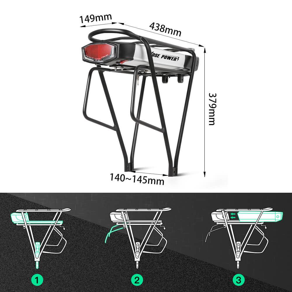 36V 13Ah/14,5Ah/15,6Ah/17,4Ah, 48V 10,4Ah E-Bike Li-ion Fanale posteriore con/senza portapacchi posteriore per bici da 26"-28" con freno a V e freno a disco