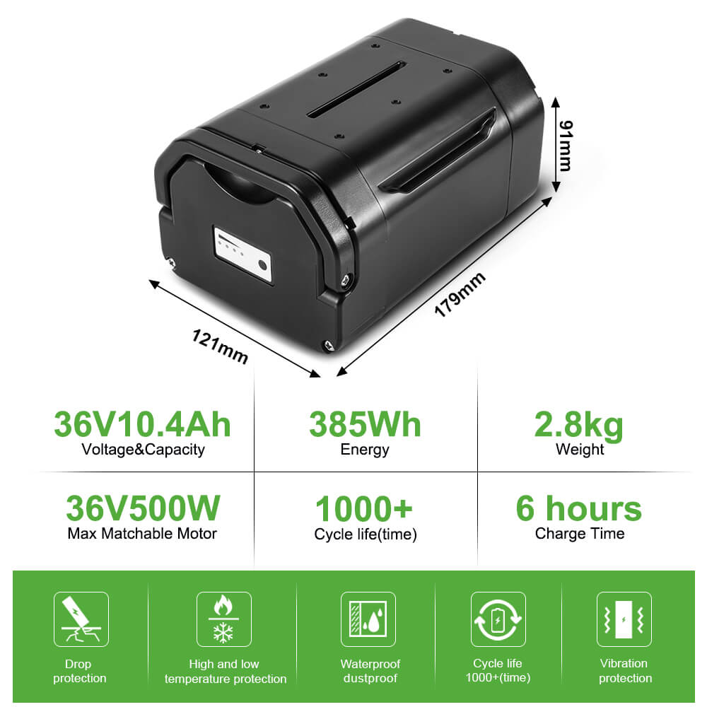 Batterie de vélo électrique au lithium-ion 36V 10.4Ah(385Wh) pour Ansmann, Heinzmann, Avocet, Viking, Porta HK, Senglar, BBF, ElFei, SFM, Bergsieger