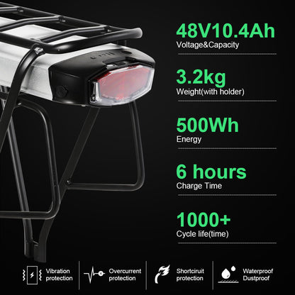 ULTIMA SCORTA! Fanale posteriore per batteria agli ioni di litio per bici elettrica da 48V 10,4Ah(500Wh) con portapacchi posteriore per bici da 26"-28" con freno a V e freno a disco