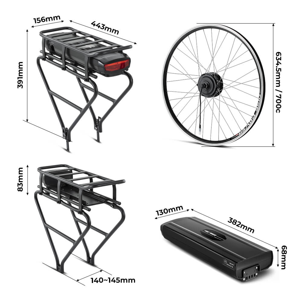 Kit de conversión de bicicleta eléctrica 36 V 250 W 28" (700 C) Kit de motor delantero R1 con batería trasera de 36 V 13 Ah y pantalla a color Apto para bicicletas con freno V-Brake y freno de disco