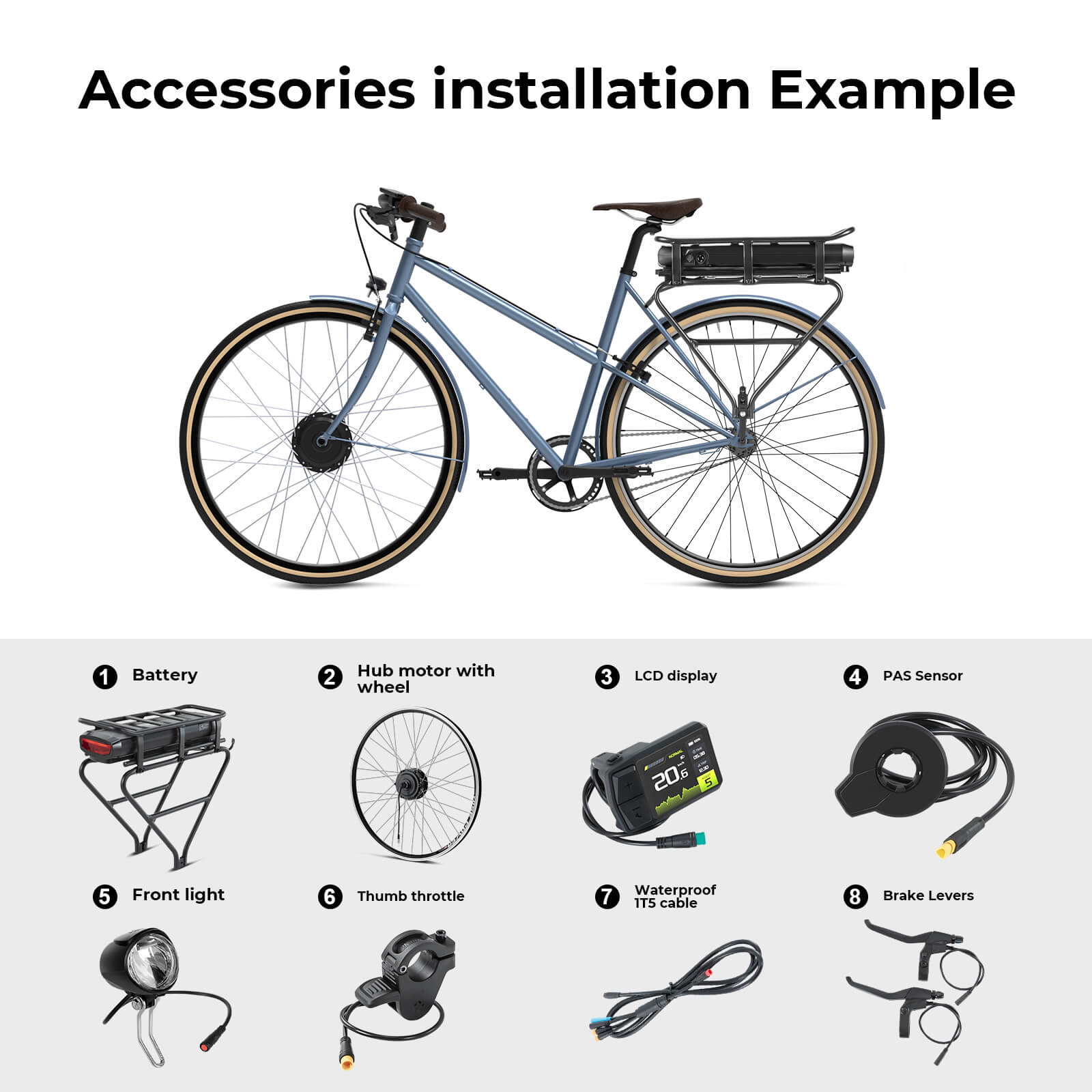 Kit de conversion pour vélo électrique 36 V 250 W 28" (700 C) Kit moteur avant R1 avec batterie arrière 36 V 13 Ah et écran couleur Convient pour vélo avec frein V-Brake et frein à disque