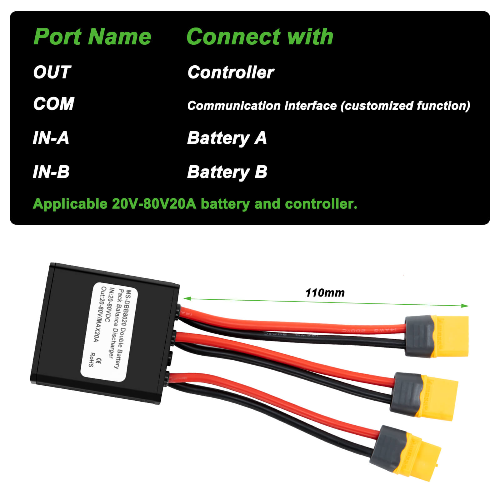 Dubbele batterij parallelle module-adapter 20V-80V20A Dubbele accu-connectoradapter Verhoog de capaciteit MS-DBB8020