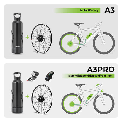 E-Bike Umbausatz 36V 250W 27,5" Hinterrad Kassettenmotor Kit mit 36V 7Ah Flaschenakku Samsung Zellen und integriertem Drehmoment PAS Sensor A3pro