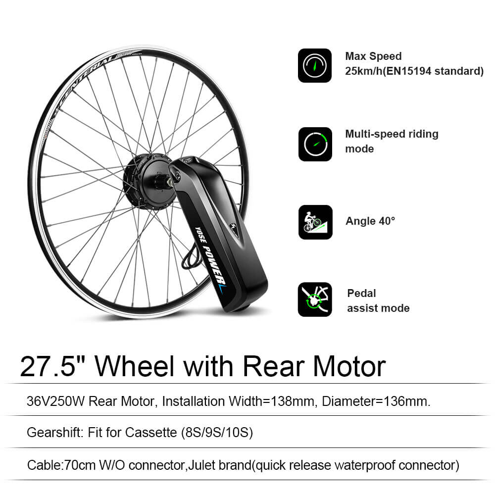 E-Bike Conversion Kit 36V 250W 27.5" Rear Motor Kit for Cassette with 36V 13Ah Battery and Charger