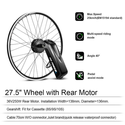 E-Bike Conversion Kit 36V 250W 27.5" Rear Motor Kit for Cassette with 36V 13Ah Battery and Charger