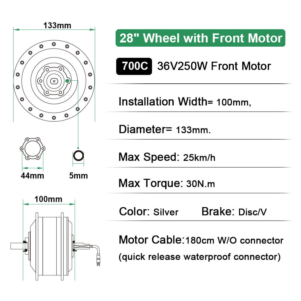 E-Bike Conversion Kit 36V 250W 28"/700C Front Motor Kit Bicycle E-Bike Hub Motor in Silver without battery