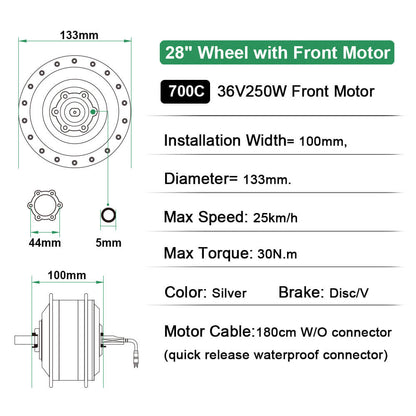 E-Bike Conversion Kit 36V 250W 28"/700C Front Motor Kit Bicycle E-Bike Hub Motor in Silver without battery