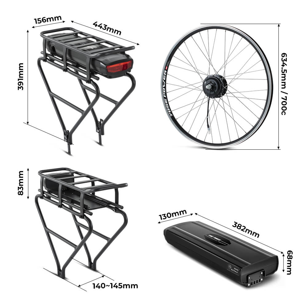 Kit de conversion pour vélo électrique 36 V 250 W 28" (700 C) Kit moteur avant R1-Pro avec batterie arrière 36 V 13 Ah et écran couleur ROTOR INTERNE Plus petit et plus silencieux