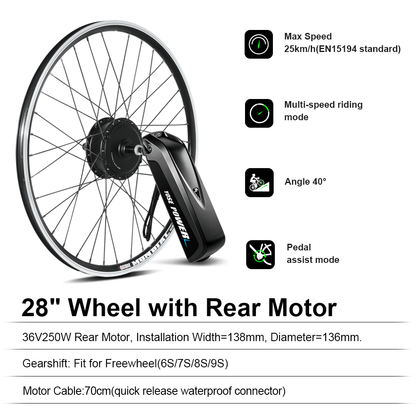 E-Bike Conversion Kit 36V 250W 28"(700C) Rear Motor Kit for Freewheel with 36V 13Ah Battery and Charger