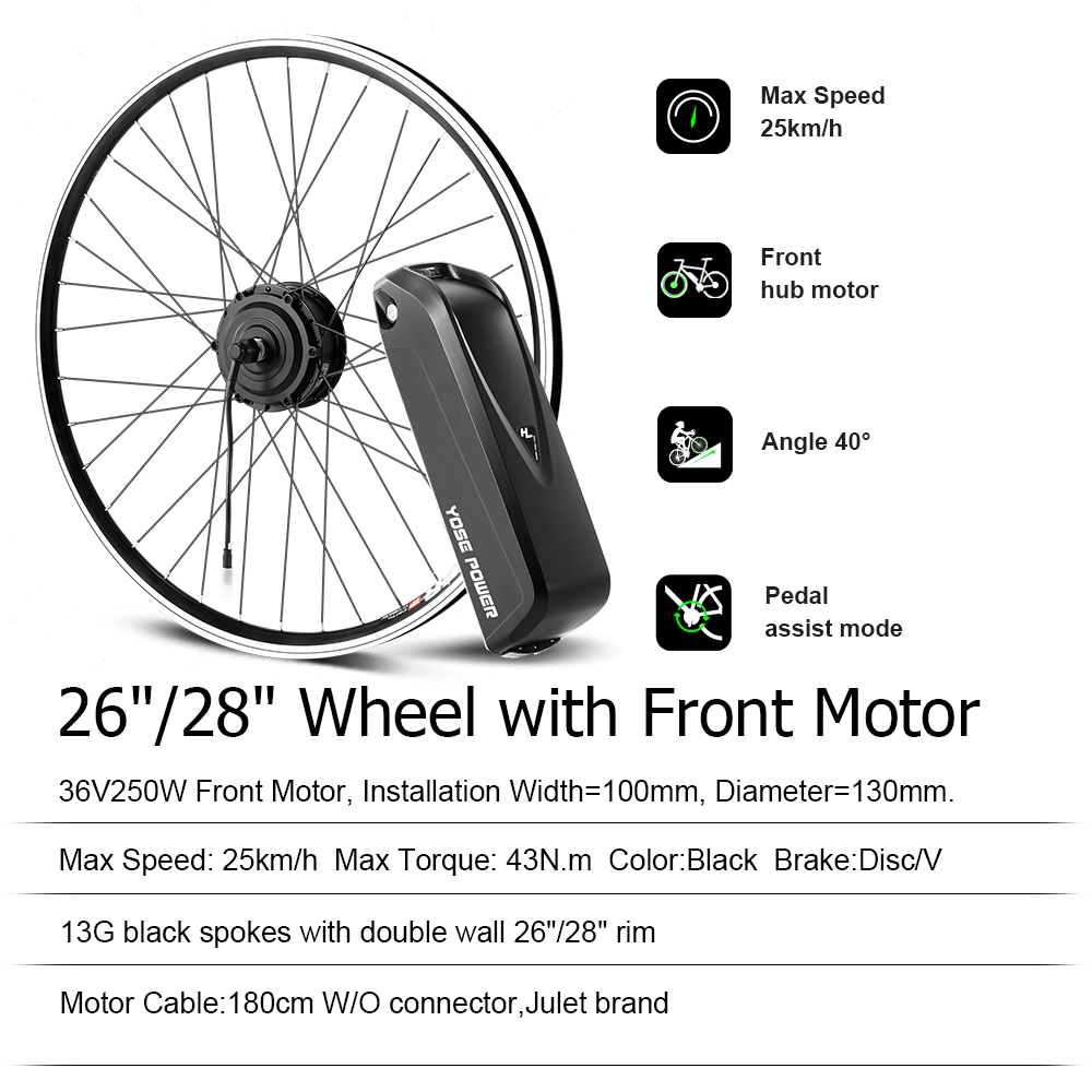 E-Bike Umbausatz 36V 250W Frontmotor Kit 26"/28" (700C) &amp; HL1 36V 18Ah Akku Nabenmotor Umbausatz DIY 